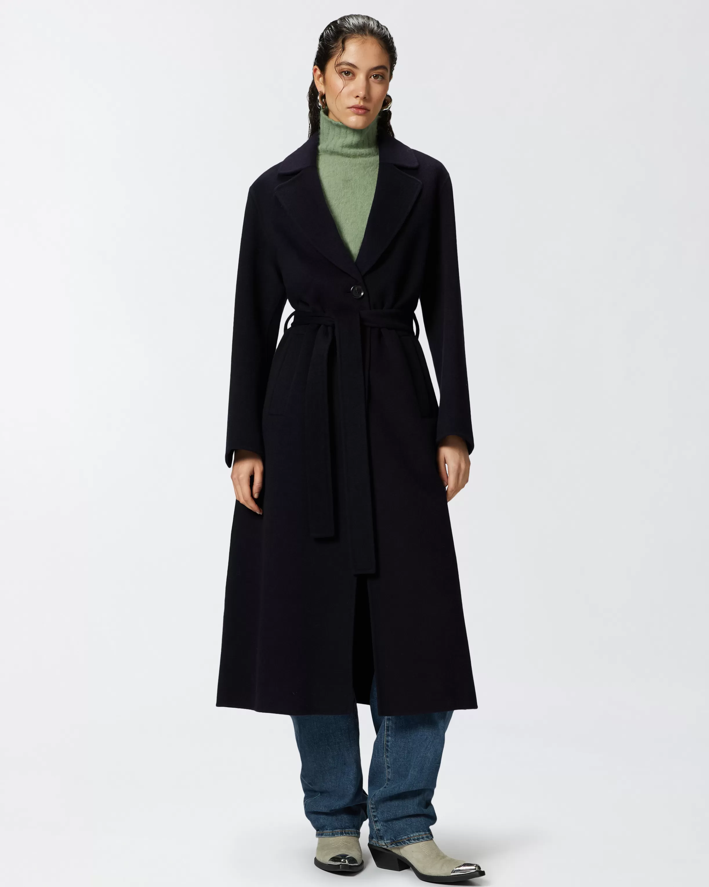 Cheap Cappotto lungo con cintura in panno doppio Cappotti