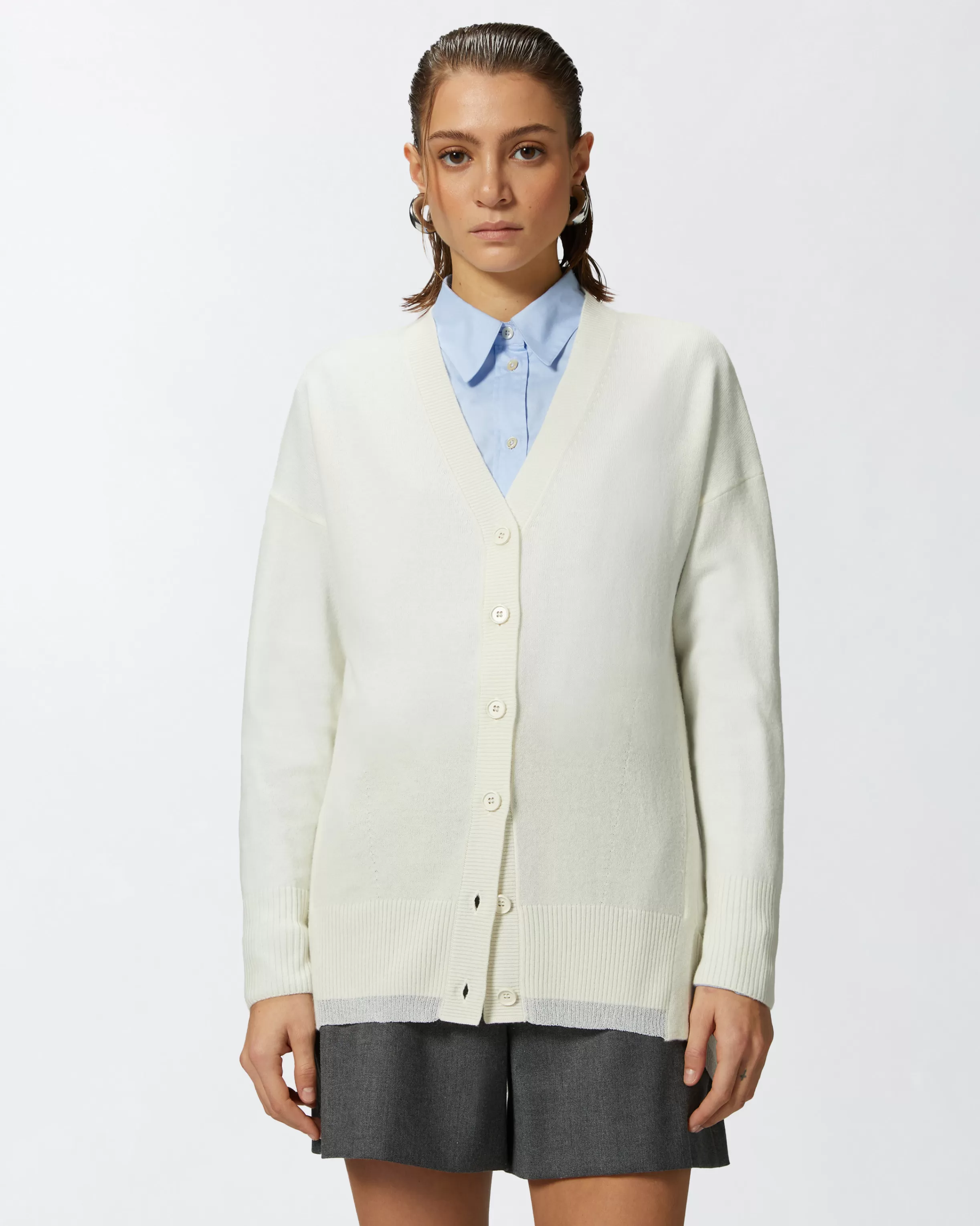 Sale Cardigan scollo a V misto cachemire bianco Cardigan